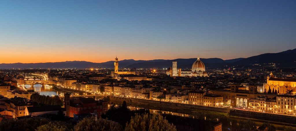 Florence and the Arno at dusk, seen from Piazzale Michelangelo
