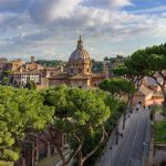 The Roman Forum seen from above, with umbrella pines and a church dome